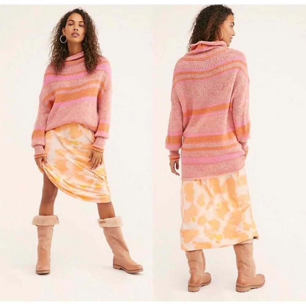 Free People‎ XS Oversized Alpaca Wool Blend Sweater Tunic Coral PinkB Boho Cozy